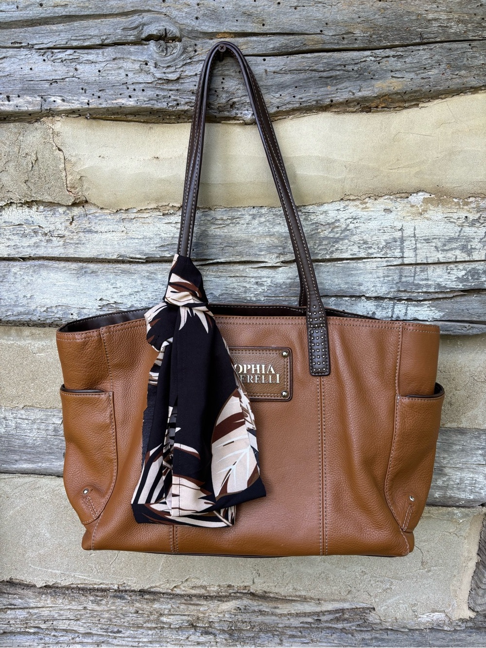SOPHIA Caperelli Tan Leather Tote Bag with Scarf